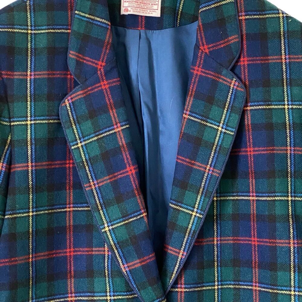 Vintage Pendleton Blazer Jacket Womens 14 Petite Green Tartan Wool Check Preppy - Picture 4 of 9